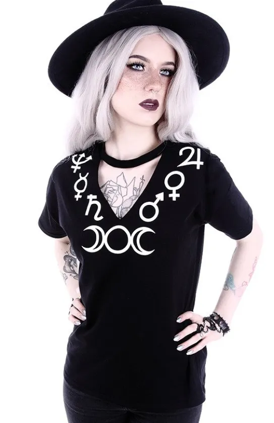 V-neck z chokerem gotycka koszulka z symbolami "SYMBOLS"-Restyle New