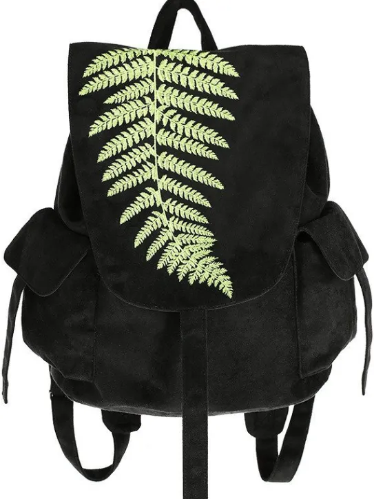 Zamszowy plecak z klapą i haftem paproci FERN BACKPACK-Restyle Fashion