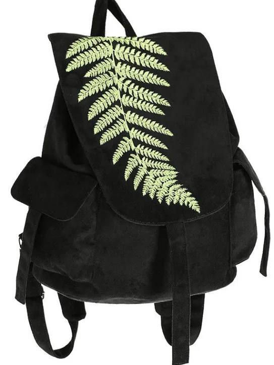 Zamszowy plecak z klapą i haftem paproci FERN BACKPACK-Restyle Fashion